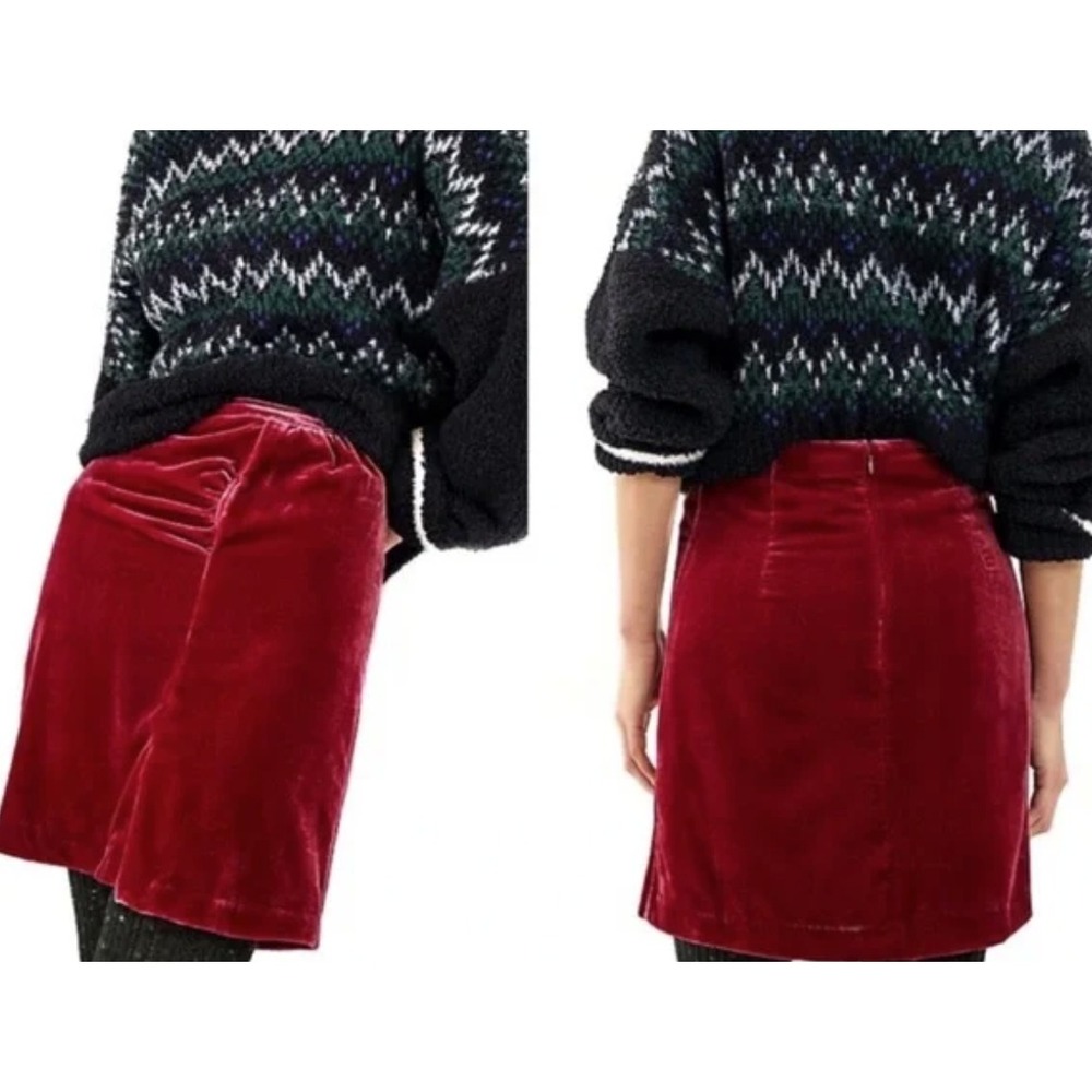 Anthropologie Montie Velvet Ruched Skirt in Red‎ Wine Cranberry Size 8